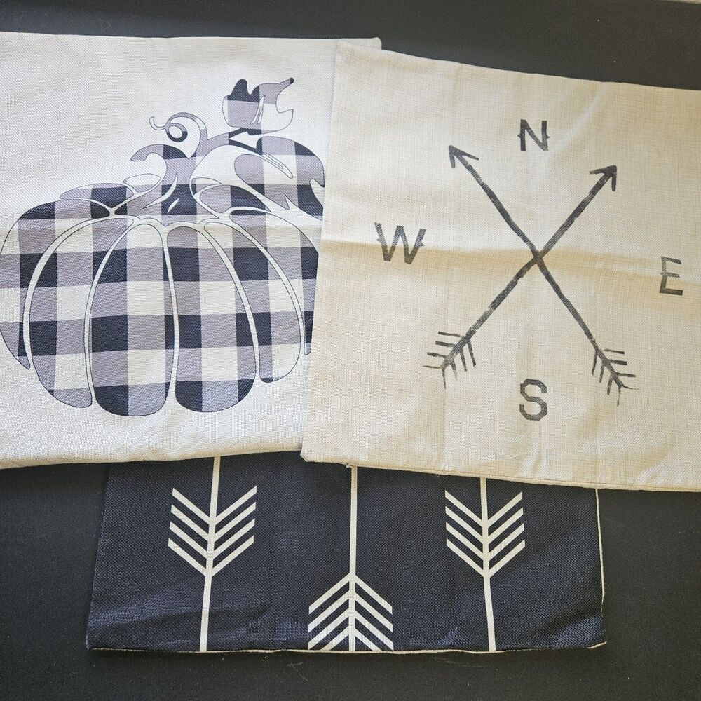 Set of 3 17" Canvas Pillow Covers Rustic Cabin Decor Black, Tan, Beige Arrows